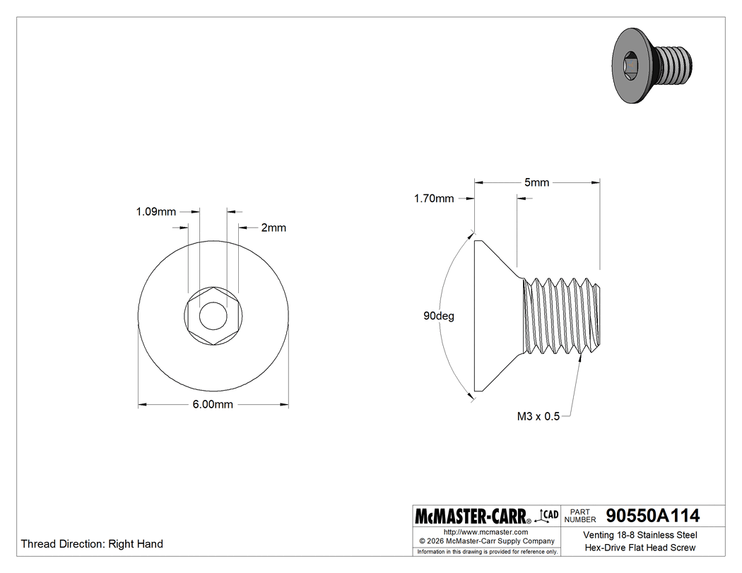 Technical Drawing of Venting 18-8 Stainless Steel Hex-Drive Flat Head Screw, M3 x 0.5 mm Thread Size, 5 mm Long.